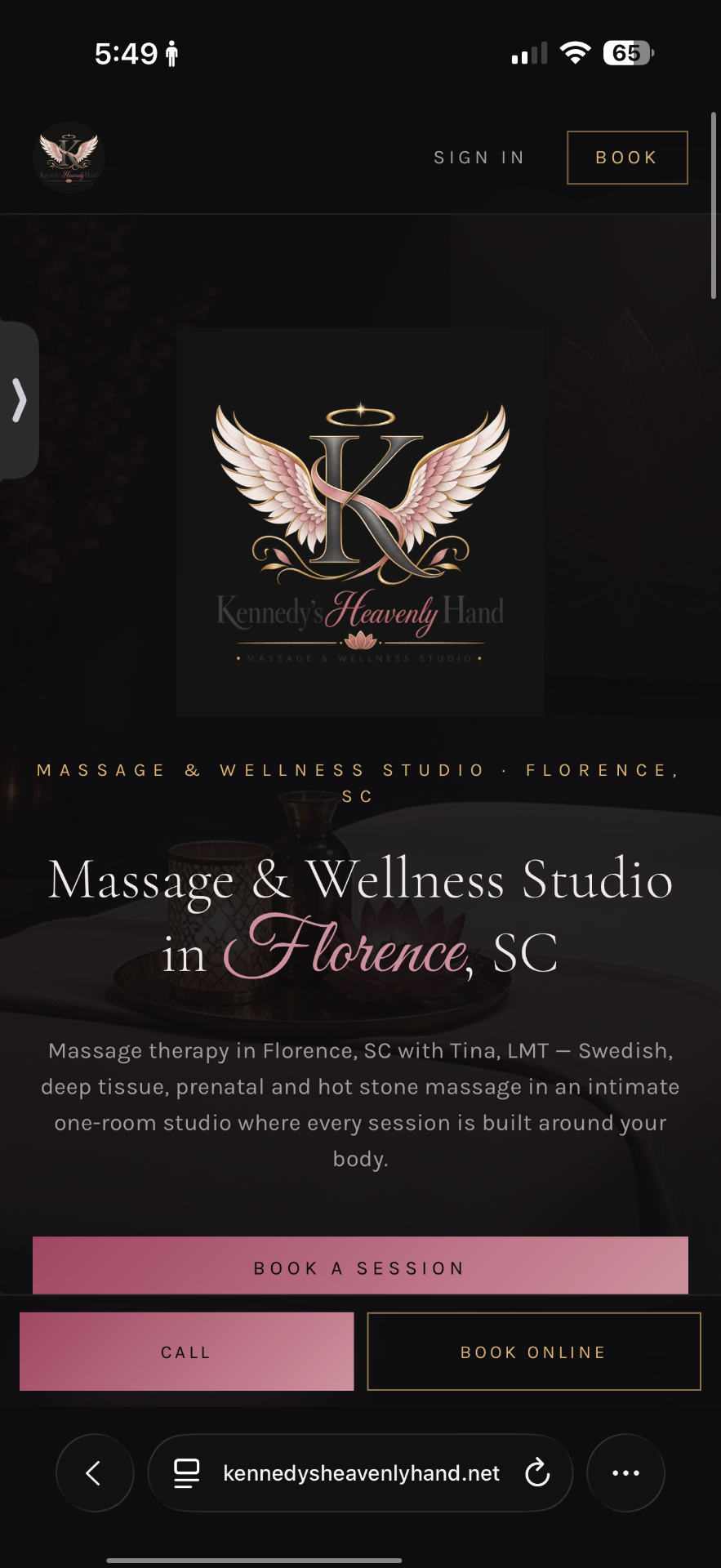 Kennedy's Heavenly Hand massage studio website screenshot